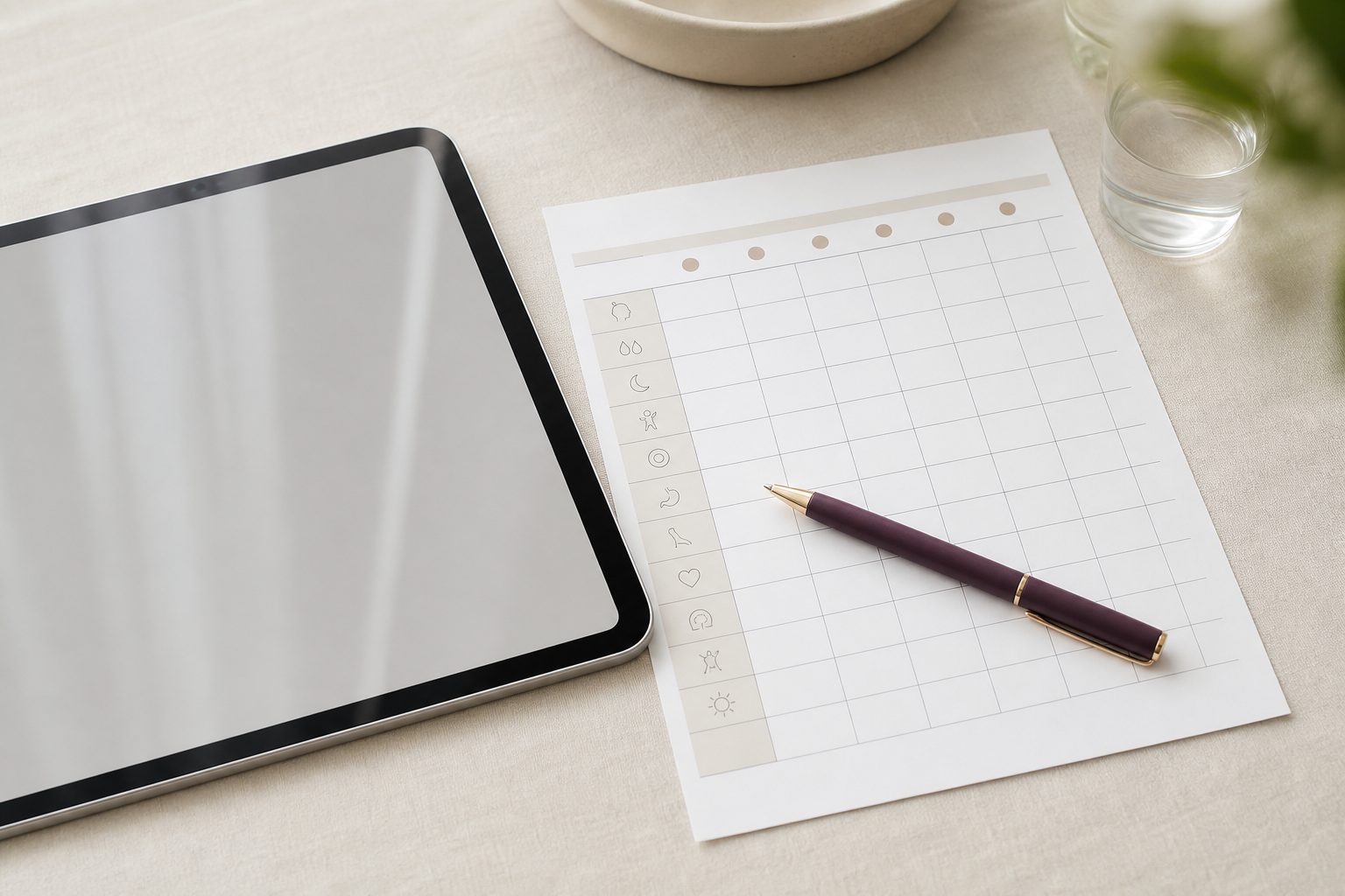 Tablet and paper symptom chart on a bright linen desk with a plum pen laid across
