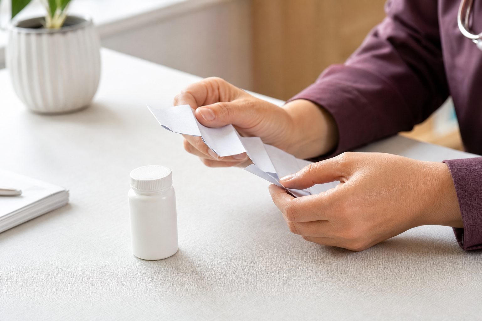 Clinician's hands holding a folded medication insert beside a pill bottle on a bright white desk