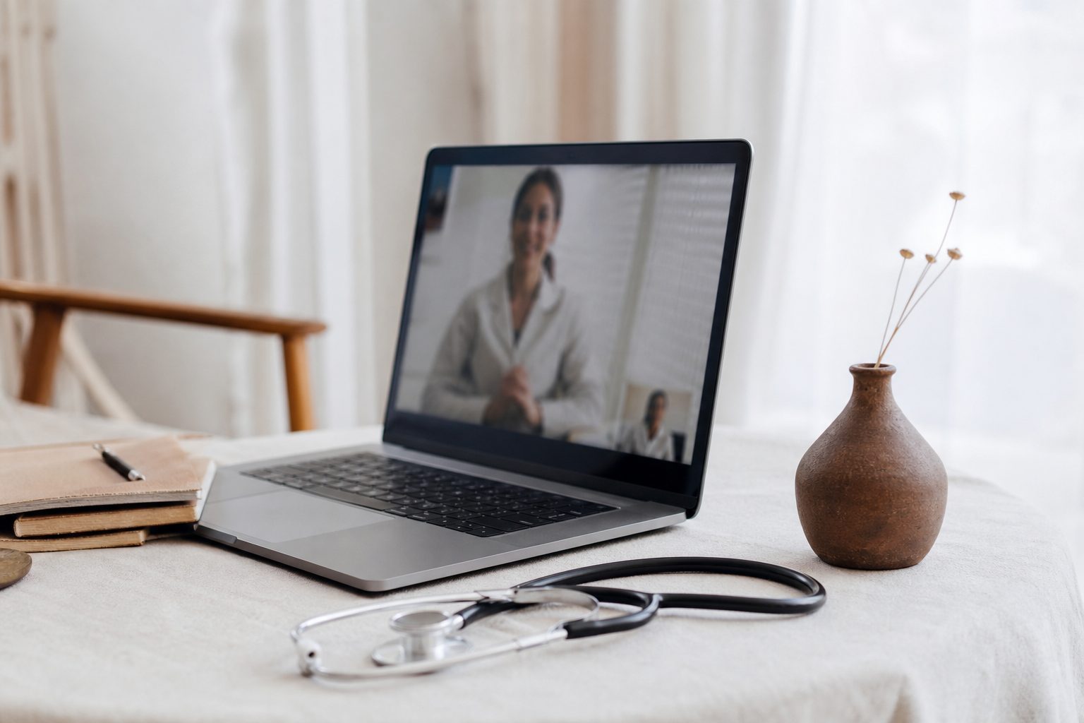 Laptop with a blurred video call on a bright linen desk beside a stethoscope and clay vase