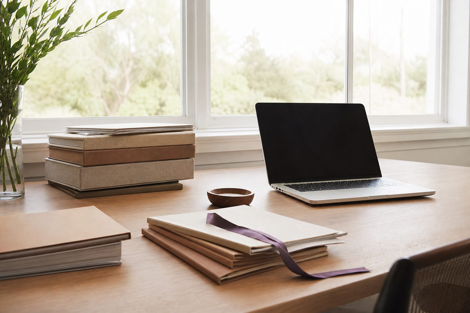 Orderly desk with stacked linen and clay folders beside an open laptop in bright daylight