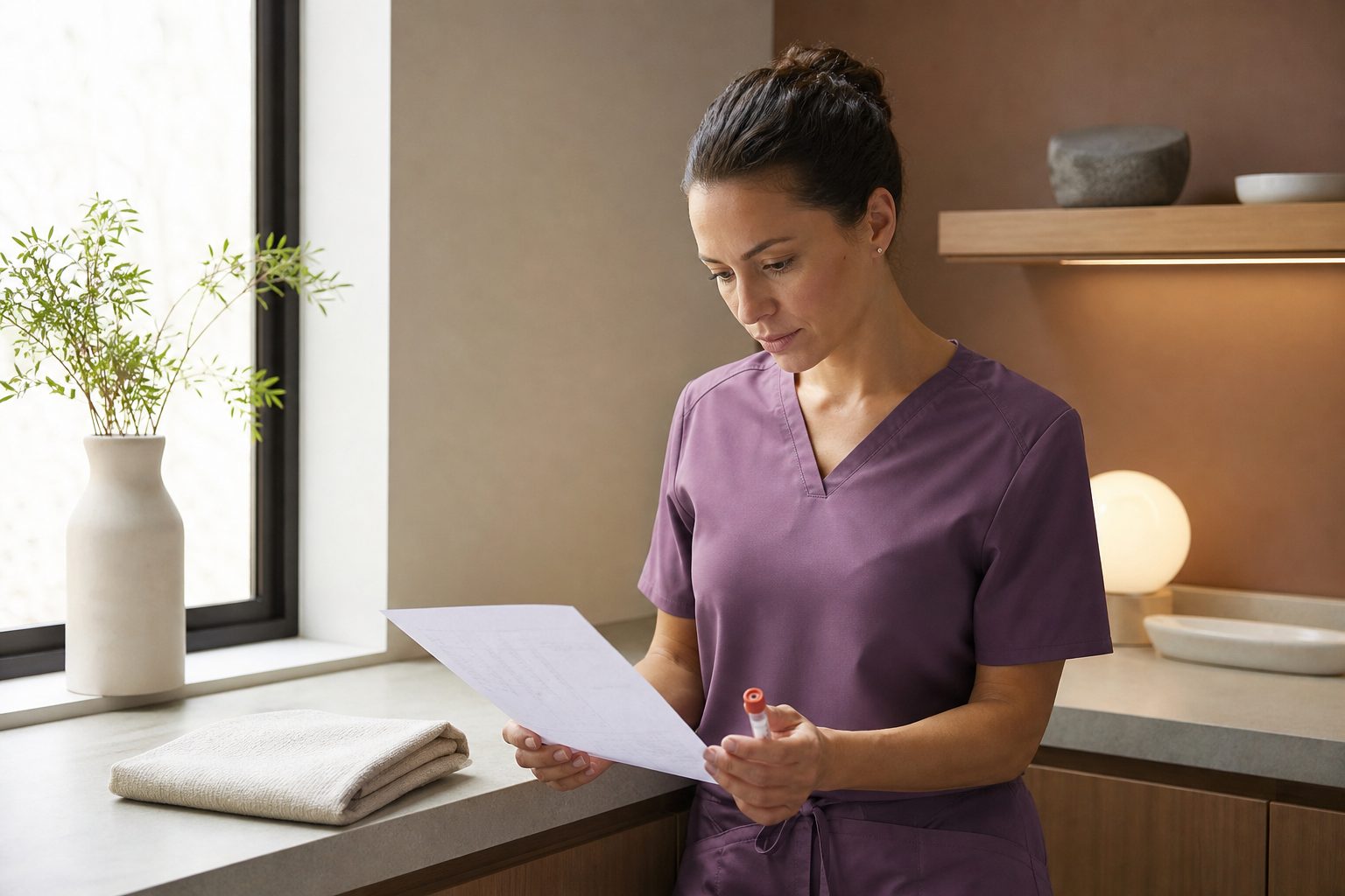 Clinician in plum scrubs reviewing a lab printout at a bright clinic counter