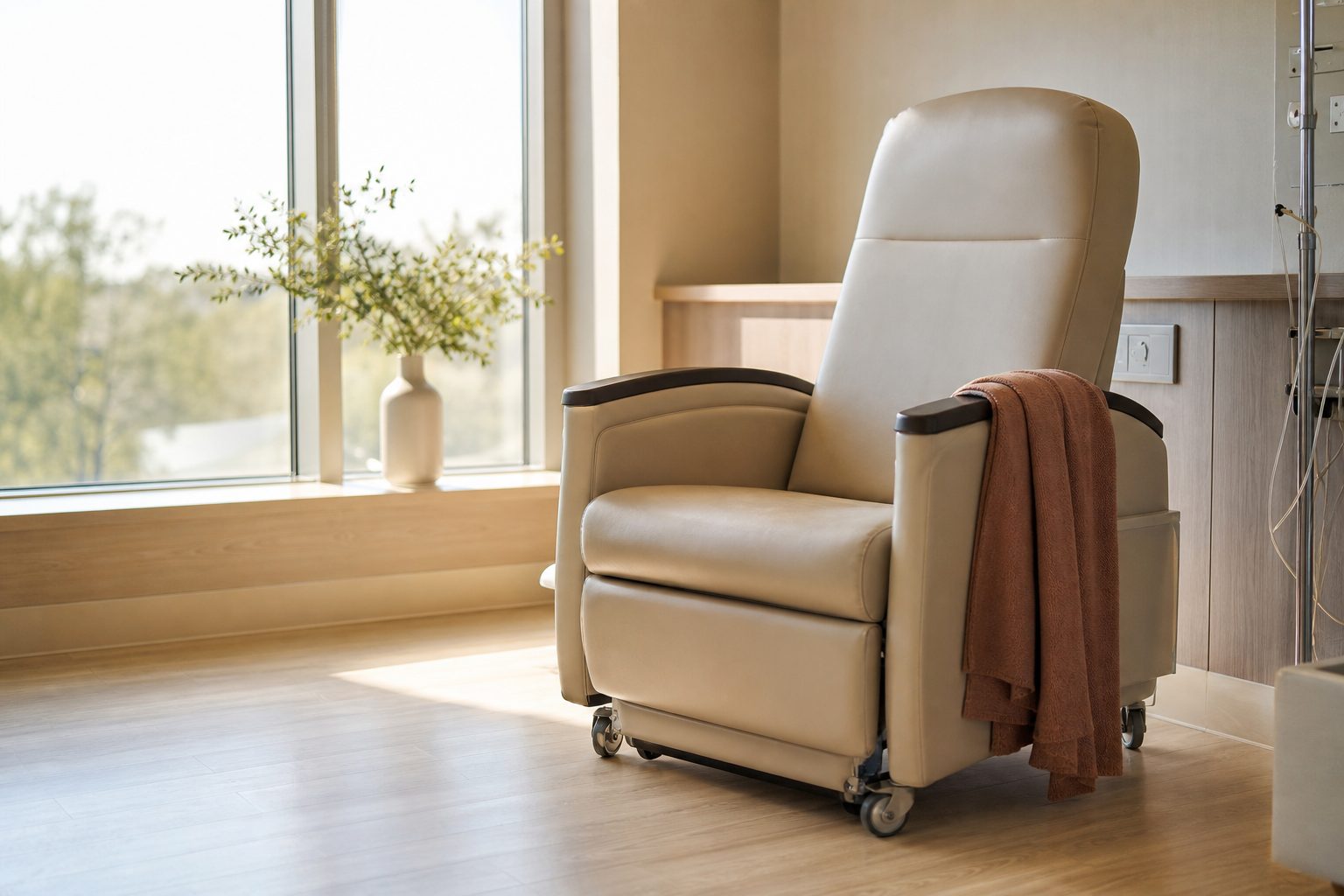 Empty clinic chair beside a bright window with morning light across a light wood floor
