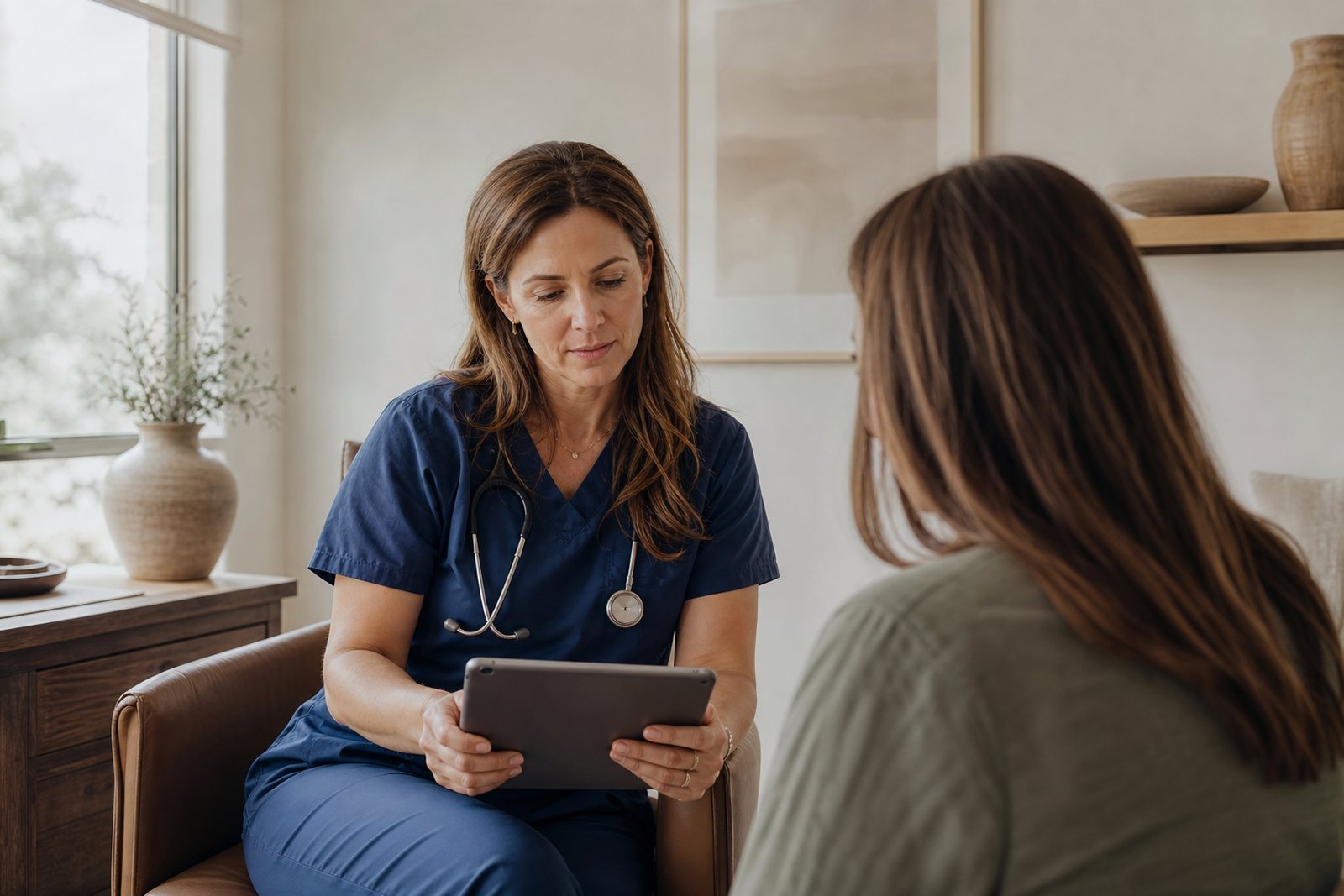 A nurse practitioner in her forties reviewing a patient symptom chart on a tablet in a bright consultation room