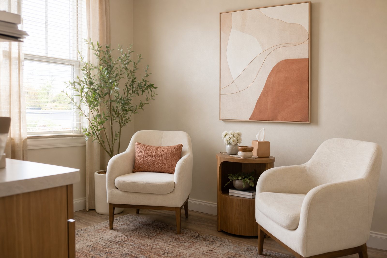 An empty warm consultation room with two upholstered chairs, a side table and a plant beside a sunlit window
